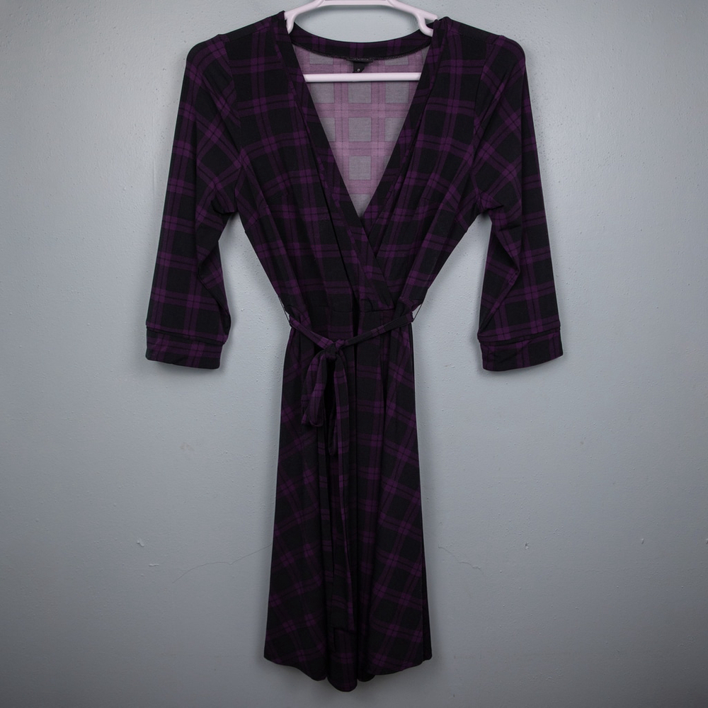 Torrid faux wrap purple and black plaid dress-0